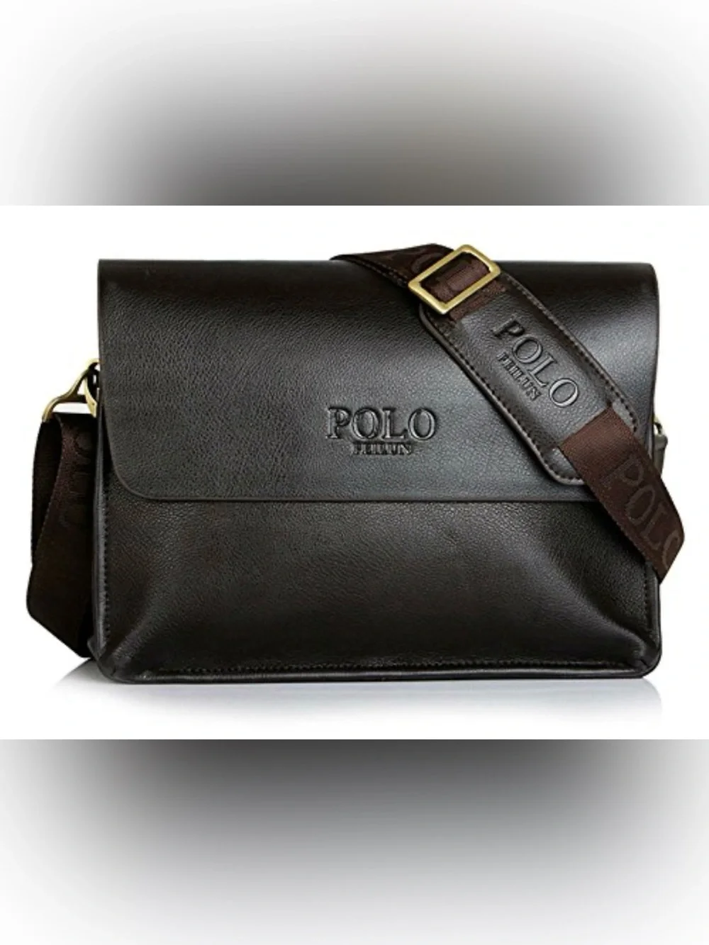 POLO Videng Men’s Brown Leather Messenger Bag with Branded Strap 13”X9”